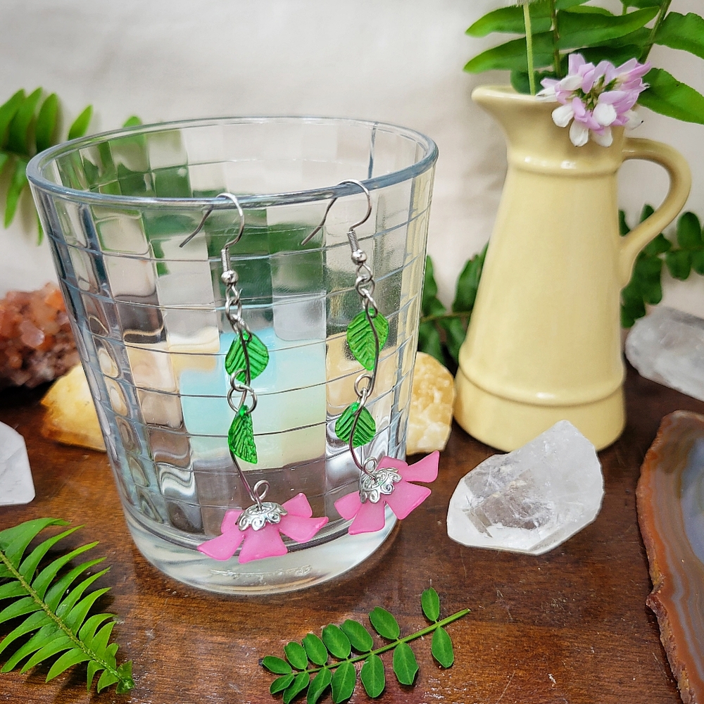 Dark Pink & Green Leafed Flower Fairy Earrings - Stainless Steel - Handmade